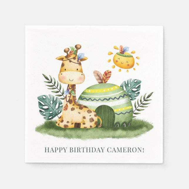 Serviette En Papier Aquarelle Tribal Giraffe Safari Joyeux anniversair (Devant)