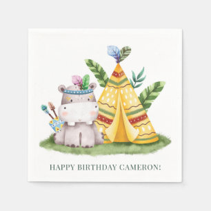 Serviette En Papier Aquarelle Tribal Safari Hippo Joyeux anniversaire