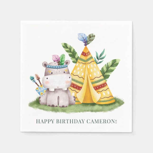 Serviette En Papier Aquarelle Tribal Safari Hippo Joyeux anniversaire (Devant)