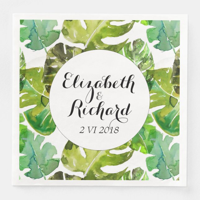 Serviette En Papier Aquarelle Tropical Feuille mariage monogramme (Devant)