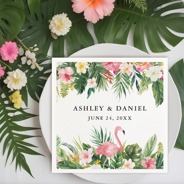 Serviette En Papier Aquarelle Tropical Floral Flamant rose Mariage (Customize to change text size, style, color or to add more text.)