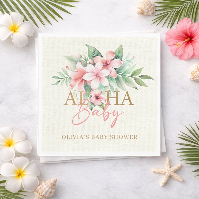 Serviette En Papier Aquarelle Tropical Rose Floral Baby shower Aloha (Watercolor Tropical Pink Floral Aloha Baby Shower Napkins)