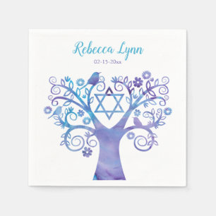 Serviette En Papier Aquarelle Turquoise violette Arbre Bat mitzvah de