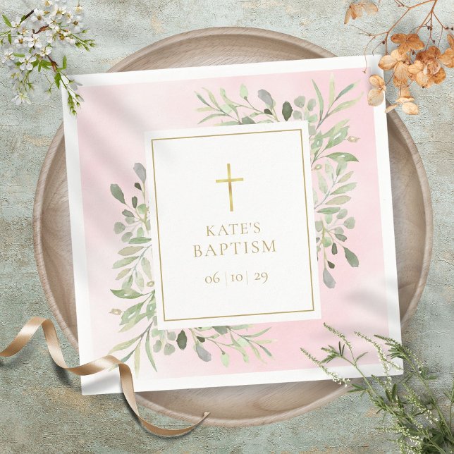 Serviette En Papier Aquarelle Verdure Baptême rose Christening (Watercolour Greenery Pink Baptism Christening Napkins)