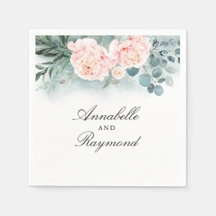 Serviette En Papier Aquarelle Verdure et Fleurs roses Bouquet Chic