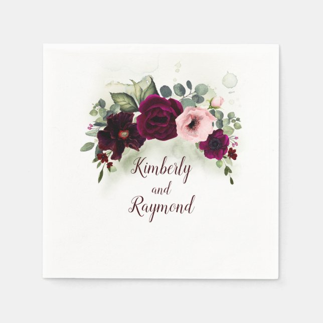 Serviette En Papier Aquarelle Verdure et Fleurs rouges Bouquet Chic (Devant)