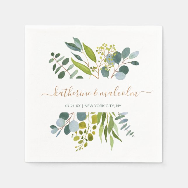 Serviette En Papier Aquarelle verdure feuillage, eucalyptus Mariage (Devant)