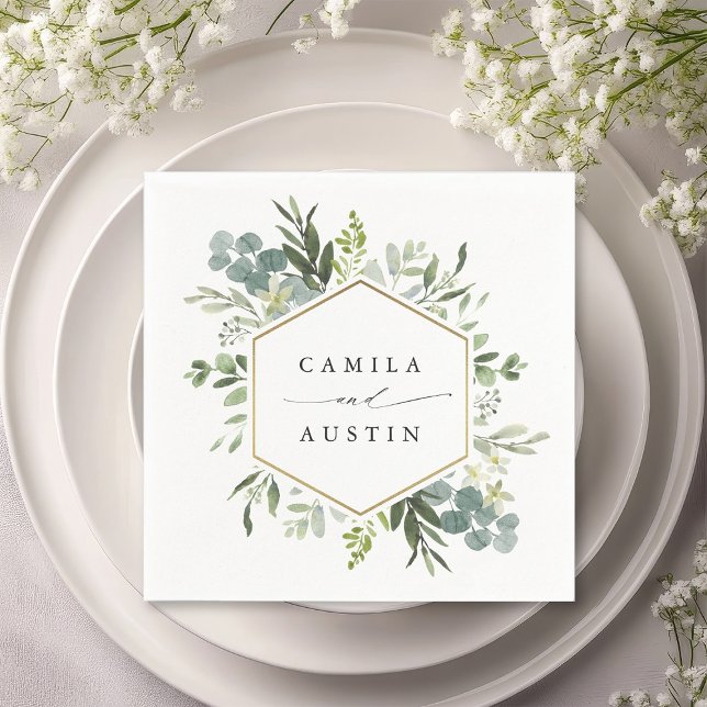 Serviette En Papier Aquarelle Verdure Or Hexagon Mariage Napkins (Créateur téléchargé)