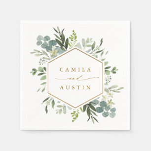 Serviette En Papier Aquarelle Verdure or Script Hexagon Mariage