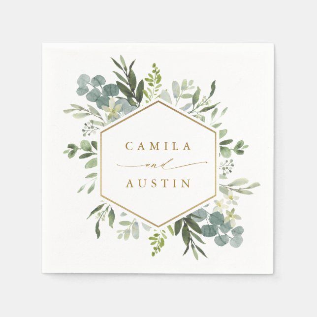 Serviette En Papier Aquarelle Verdure or Script Hexagon Mariage (Devant)