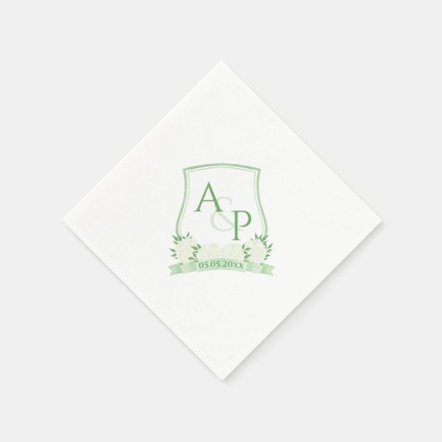 Serviette En Papier Aquarelle Vert Et Blanc Hydrangea Mariage Crest (Coin)