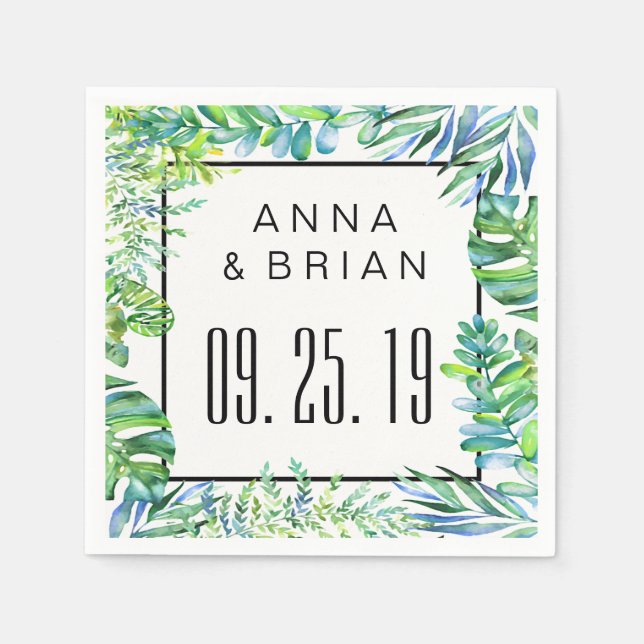 Serviette En Papier Aquarelle Vert Feuilles Personnalisé mariage ou fê (Devant)
