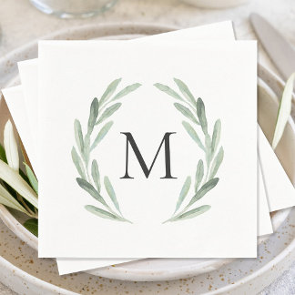 Serviette En Papier Aquarelle Vert Olive Branche Monogramme de la cour