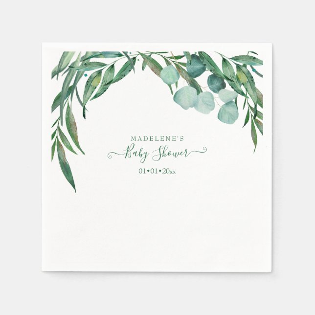 Serviette En Papier Aquarelle verte, Baby shower Eucalyptus (Devant)
