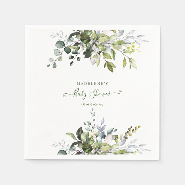 Serviette En Papier Aquarelle verte, Baby shower Eucalyptus (Devant)