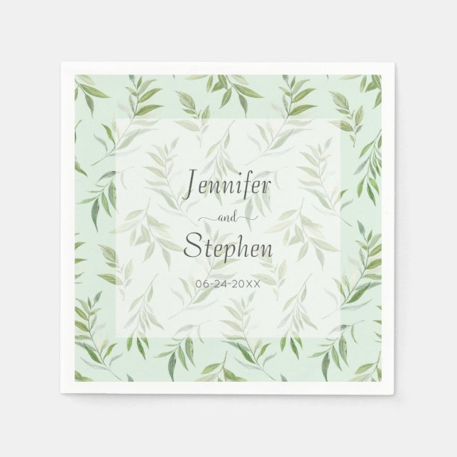 Serviette En Papier Aquarelle verte Botanique Pale Vert Mariage (Devant)
