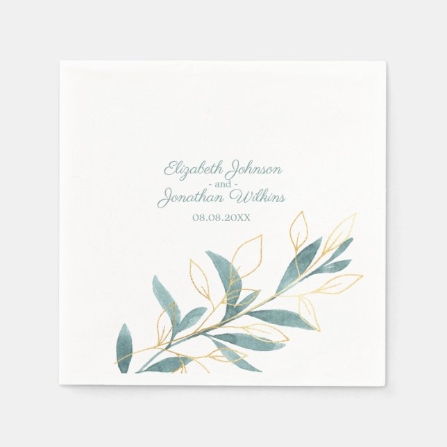 Serviette En Papier Aquarelle verte dorée Mariage floral (Devant)