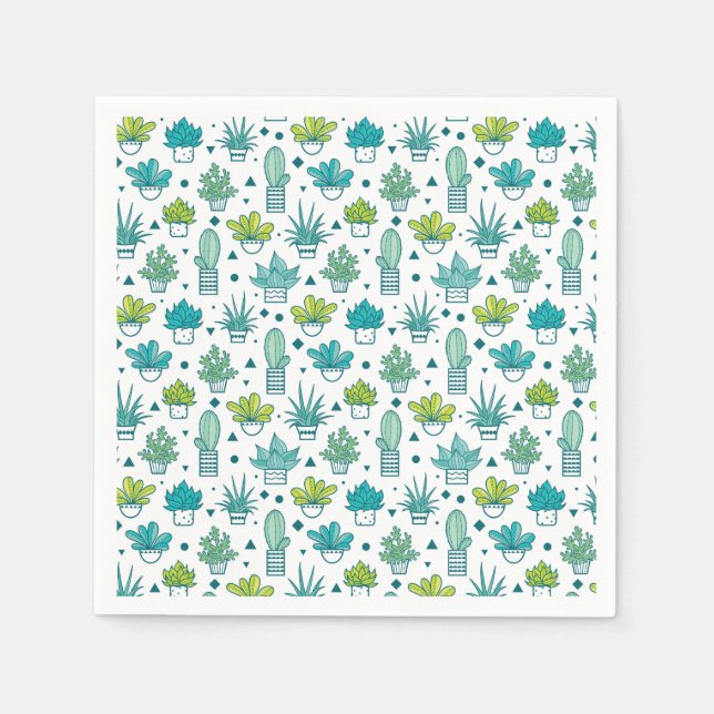Serviette En Papier Aquarelle verte et bleue Motif Succulent (Devant)