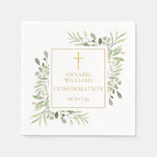 Serviette En Papier Aquarelle verte Floral Gold Confirmation