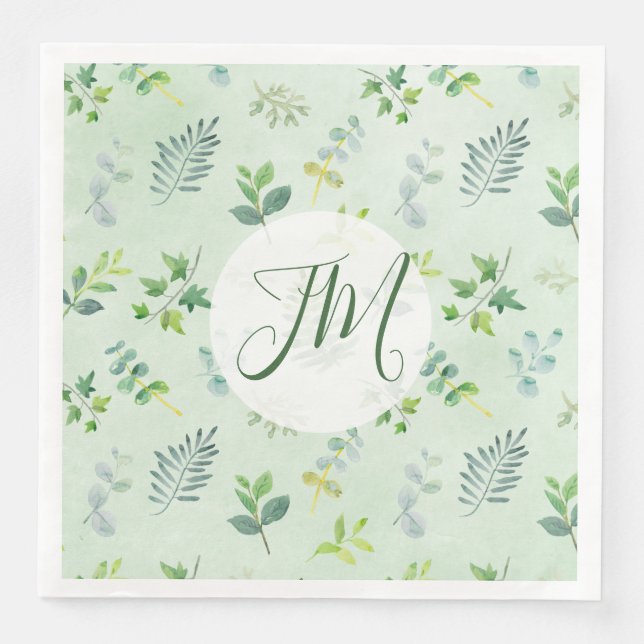 Serviette En Papier Aquarelle verte Motif Monogramme Mariage (Devant)