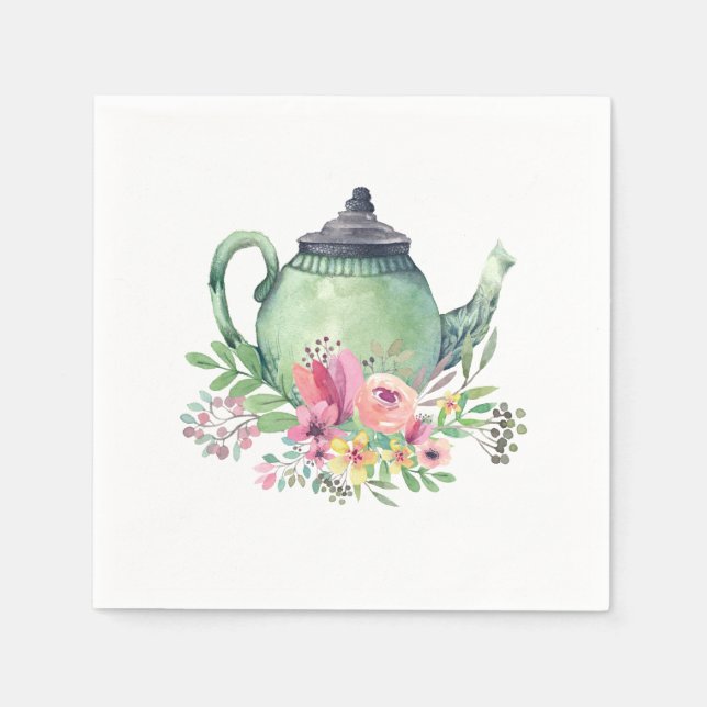 Serviette En Papier Aquarelle verte théière et florale (Devant)
