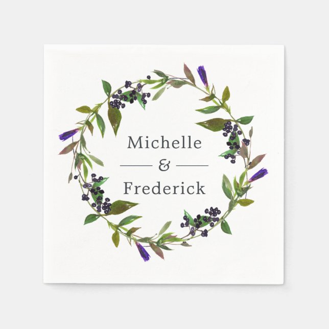 Serviette En Papier Aquarelle violet et Mariage floral Sage (Devant)