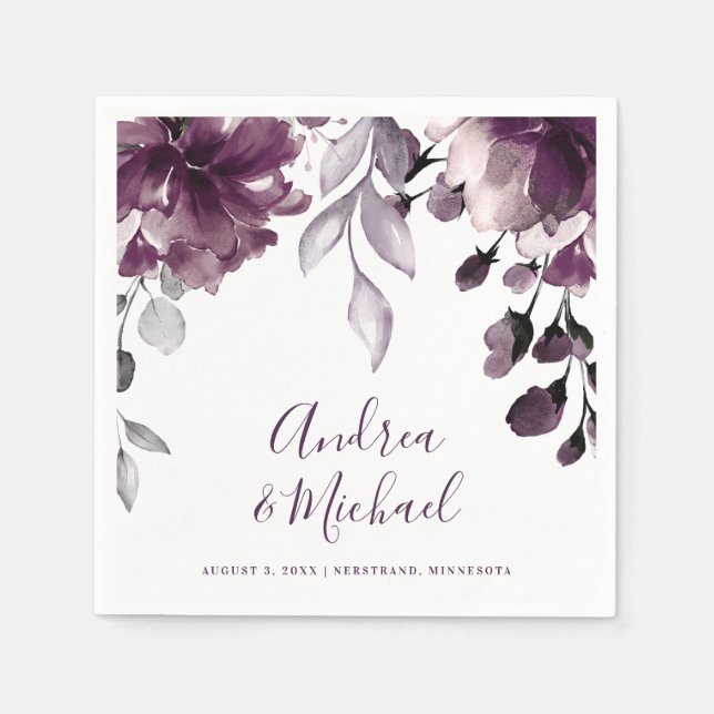 Serviette En Papier Aquarelle violet mariage Jardin Floral Suspendu (Devant)
