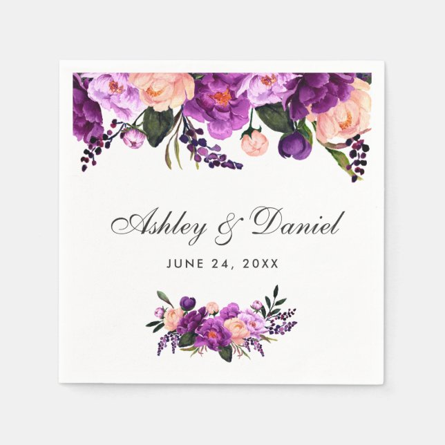 Serviette En Papier Aquarelle violet ultra violet Mariage floral (Devant)