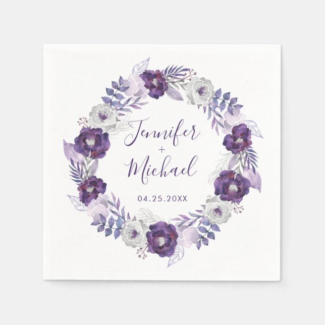 Serviette En Papier Aquarelle violette et argentée Courbe florale (Devant)