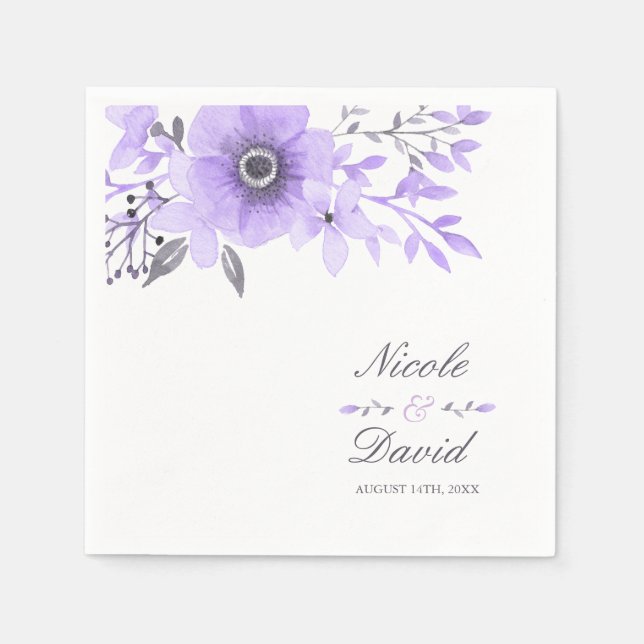 Serviette En Papier Aquarelle violette et gris Mariage floral (Devant)