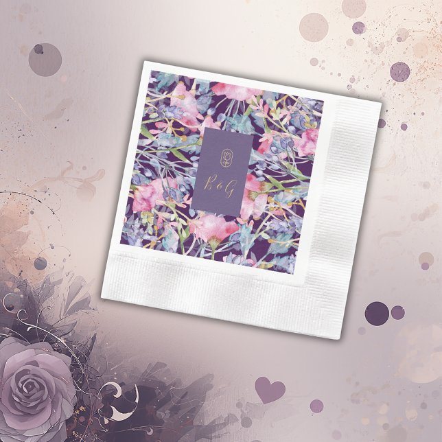 Serviette En Papier aquarelle violette fleur sauvage verdure feuillage (Créateur téléchargé)