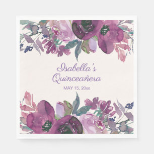 Serviette En Papier Aquarelle violette Floral Quinceañera Nom Date