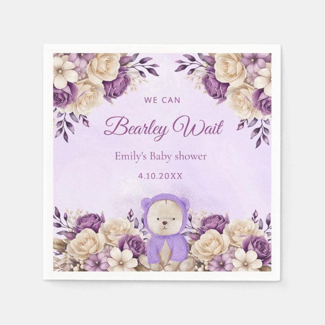 Serviette En Papier Aquarelle violette moderne Baby shower Ours en pel (Devant)