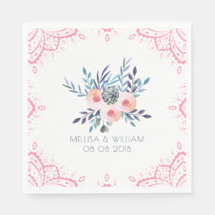 Serviette En Papier Aquarelles Bouquet floral & cadre rose