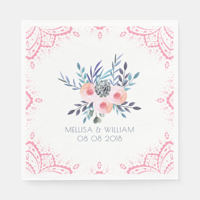 Serviette En Papier Aquarelles Bouquet floral & cadre rose (Devant)