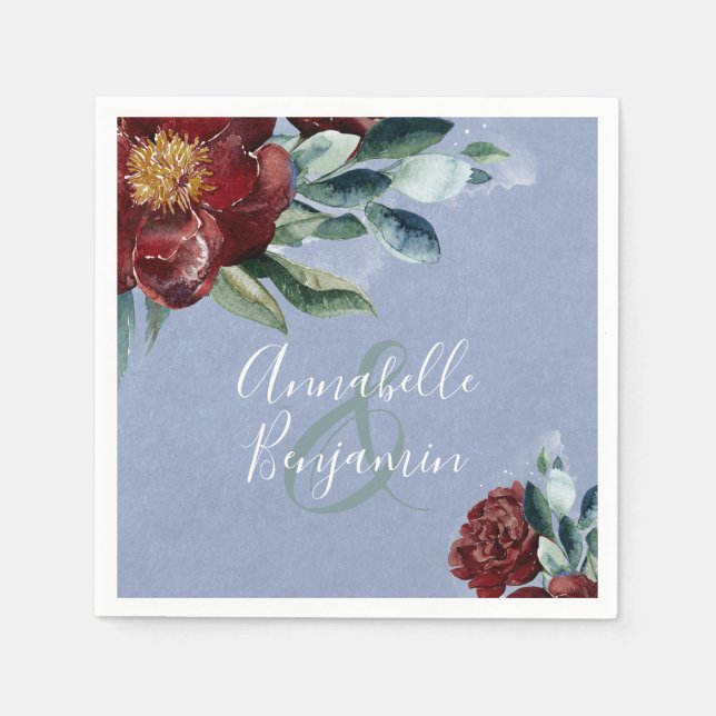 Serviette En Papier Aquarelles florales | Dusty Blue et Burgundy Red (Devant)