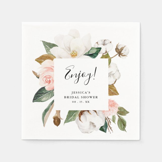 Serviette En Papier Aquarelles Magnolias & Fêtes des mariées Blush (Devant)