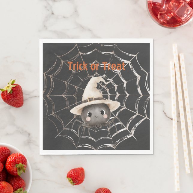Serviette En Papier Araignée joyeuse et amicale sur toile Halloween (En situation)