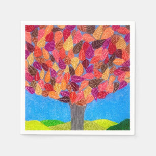 Serviette En Papier Arbre au crayon de couleur avec dessin de feuilles