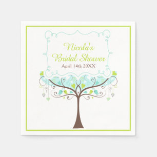 Serviette En Papier Arbre aux coeurs d'oiseaux Bleu et Vert Baby Showe