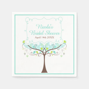 Serviette En Papier Arbre aux coeurs d'oiseaux Bleu et Vert Baby Showe