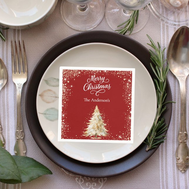 Serviette En Papier Arbre blanc neige paillettes script Noël (Créateur téléchargé)