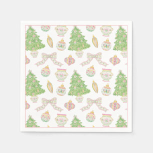Serviette En Papier Arbre de Noël à boules en chinoiserie rose aquarel