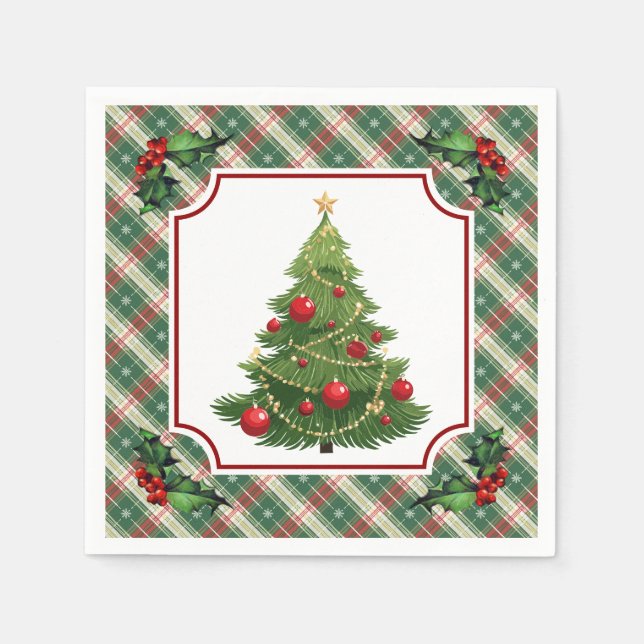 Serviette En Papier Arbre de Noël à carreaux avec houx (Devant)