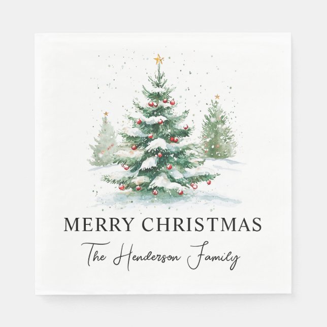 Serviette En Papier Arbre de Noël à l'aquarelle avec écriture simple (Devant)