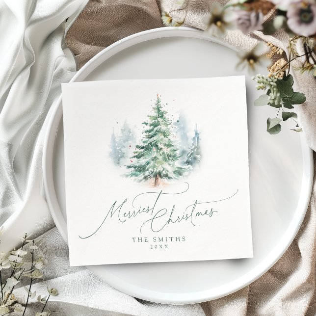 Serviette En Papier Arbre de Noël à l'écriture moderne Joyeux Noël (Modern Script Pine Tree Merriest Christmas Napkins)