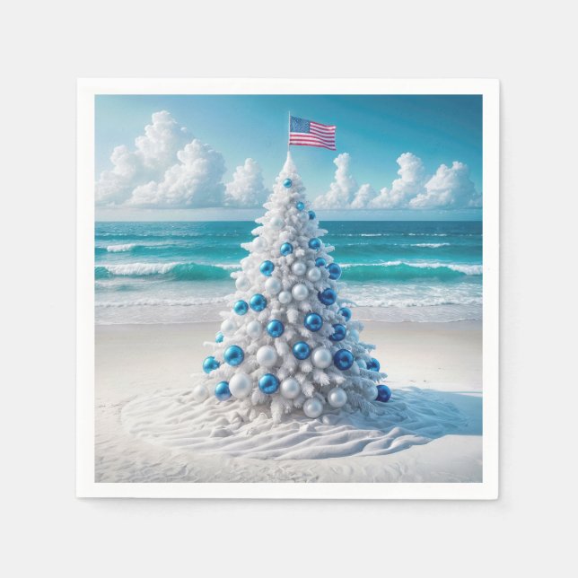 Serviette En Papier Arbre de Noël américain patriotique sur une plage (Devant)