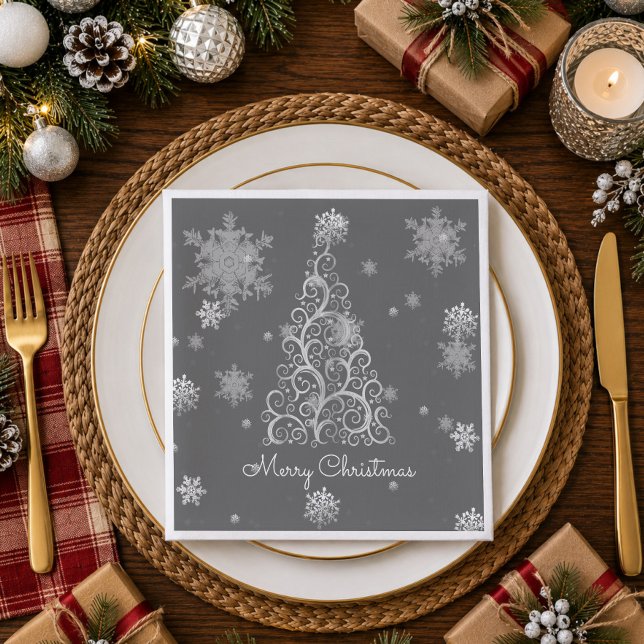 Serviette en papier Arbre de Noël argenté et floco (Silver Christmas Tree and Snowflakes Paper Napkins)