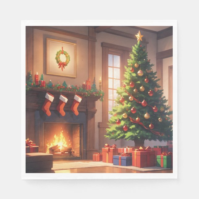 Serviette En Papier Arbre de Noël avec cadeaux et cheminée (Devant)