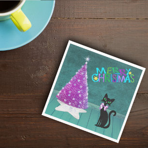Serviette En Papier Arbre de Noël Chat Argent Rose Milieu de Siècle Sa
